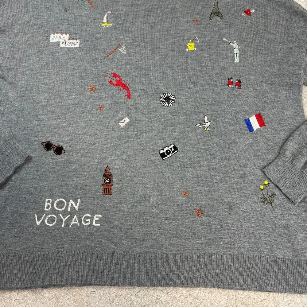 Joie Eloisa Paris B Bon Voyage Embroidered Wool Blend Sweater Size L